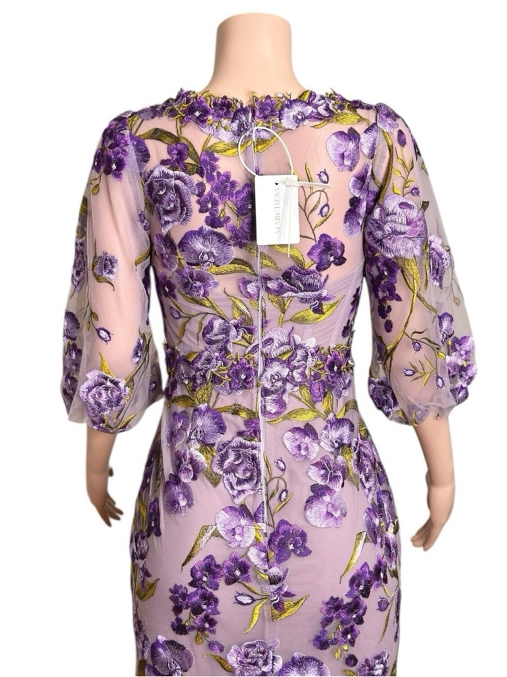 MARCHESA NOTTE Orchid & Rose Embroidered Tulle Cocktail Dress, Purple, 2 (US) - Picture 11 of 12